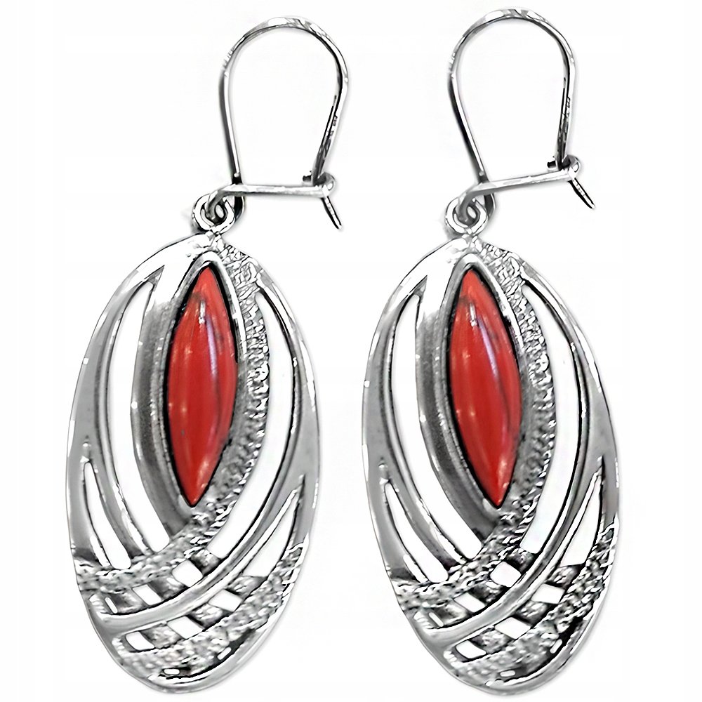 Srebrne Wiszące Kolczyki 925 Ażurowe Owale Kamień