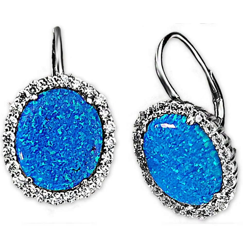Srebrne Kolczyki 925 Niebieskie Owale Opal