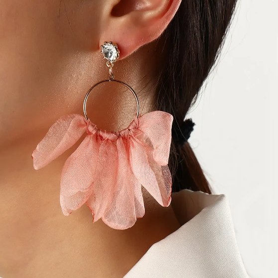 Kolczyki Złote Koła Z Płatkami Materiałowymi Listki Różowe Cyrkonia Szyfon