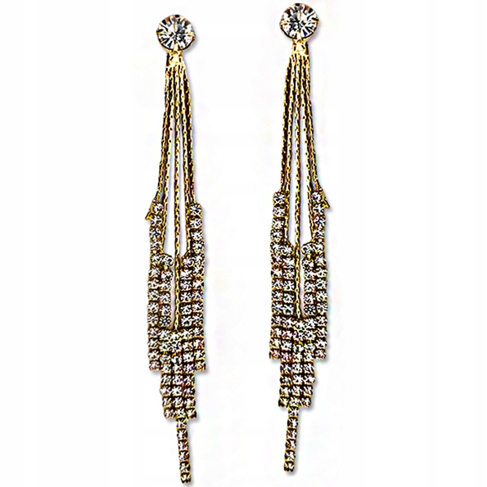 Złote długie kolczyki z białymi cyrkoniami na sztyft