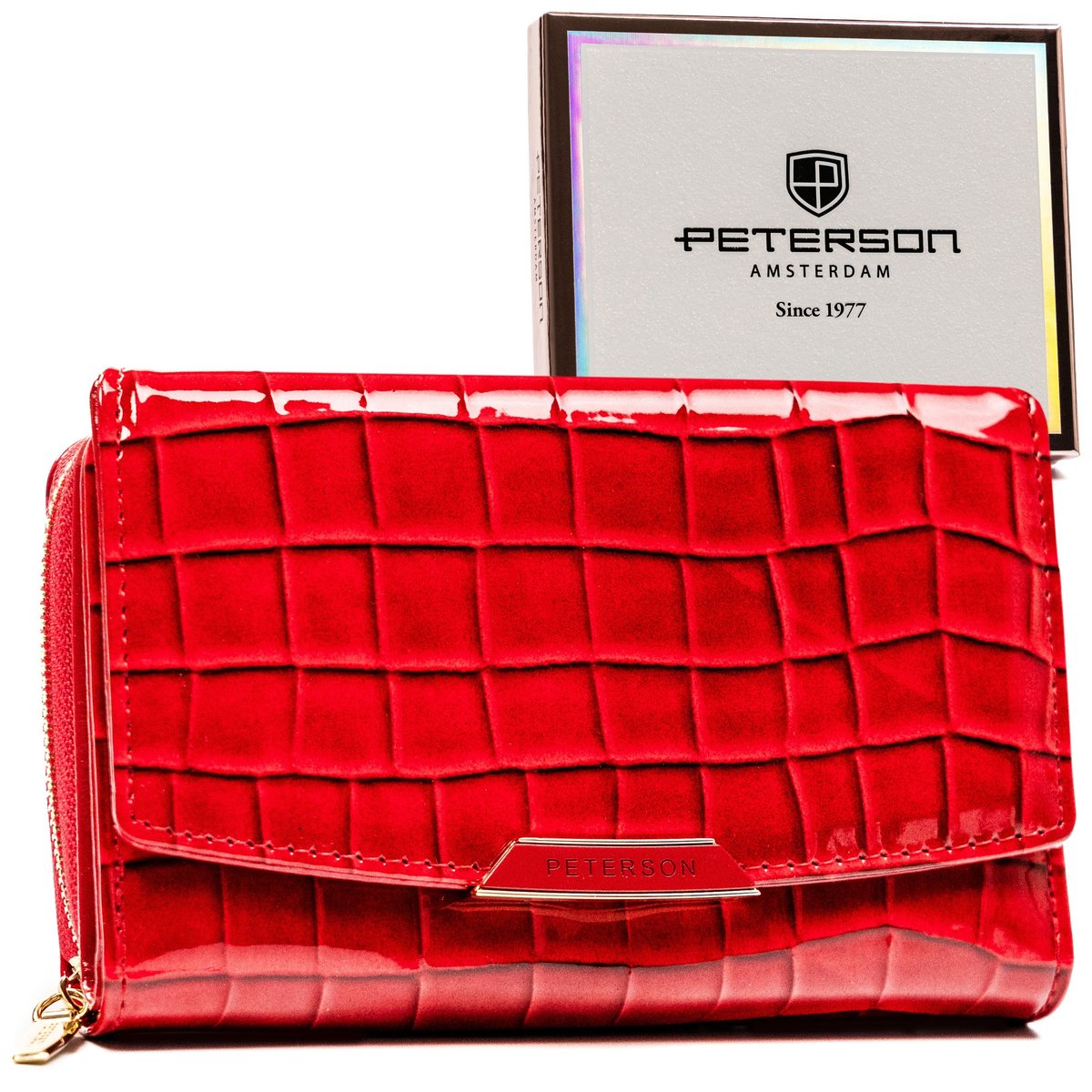 PETERSON portfel damski czerwony z modnym wzorem croco RFID
