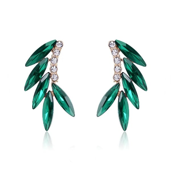 Zielone Delikatne Kolczyki Wachlarze Z Listkami Cyrkoniami Na Imprezę