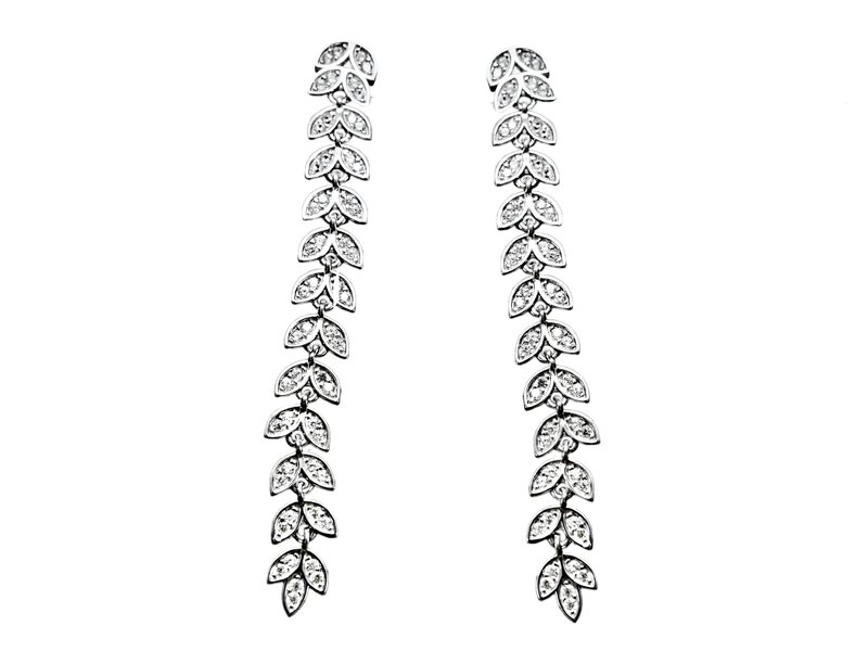 Wiszące srebrne kolczyki 925 długa gałązka z liśćmi zdobiona cyrkoniami