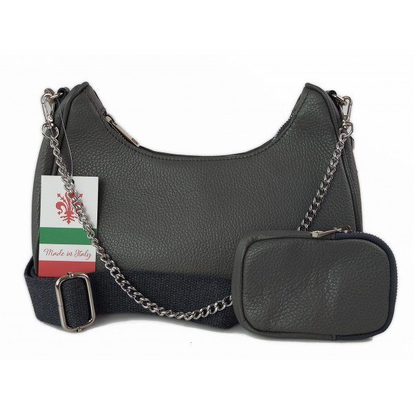 Włoska listonoszka, przewieszka ,Vera Pelle srebrne okucia ,szeroki pasek, Szara VP742G