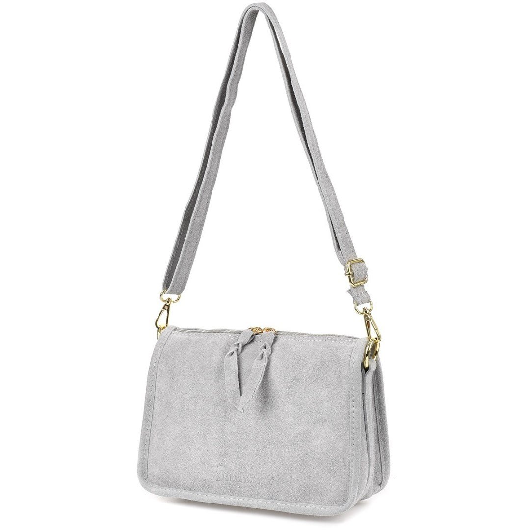 Siwa skórzana listonoszka damska włoska zamszowa kuferek Beltimore B64 szary, srebrny