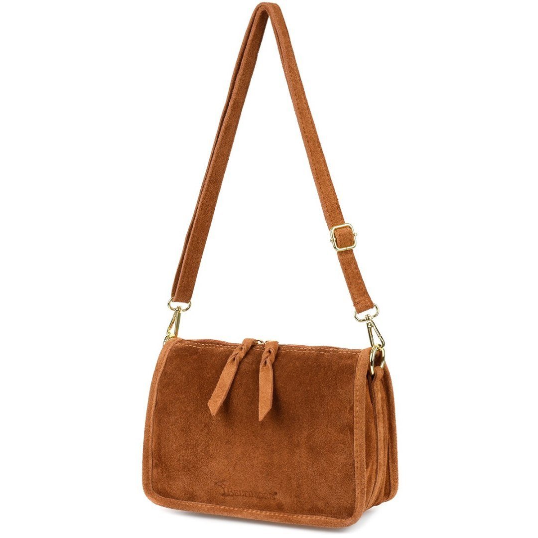 Camelowa skórzana listonoszka damska włoska zamszowa kuferek Beltimore B64 brązowy, beżowy