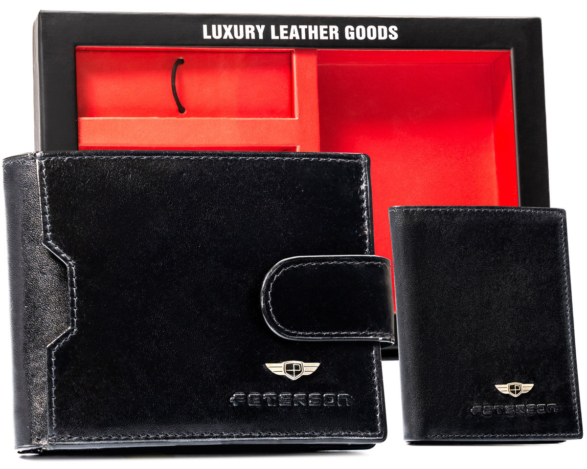 Peterson zestaw męski na prezent skórzany portfel na zatrzask etui na karty brelok