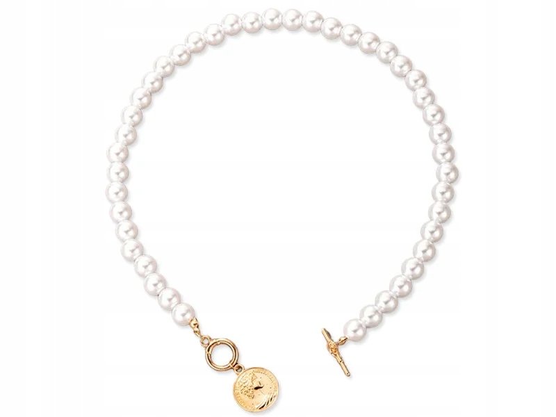 Złoty Perełkowy Naszyjnik Z Zawieszką Dwustronnym Medalionem Pozłacany