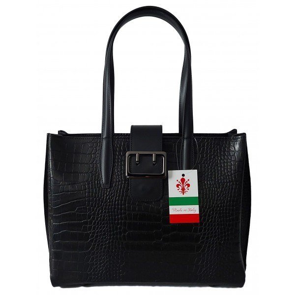 Duża włoska torba ,kuferek A4 skóra motyw krokodyla Vera Pelle , Czarna VP645N