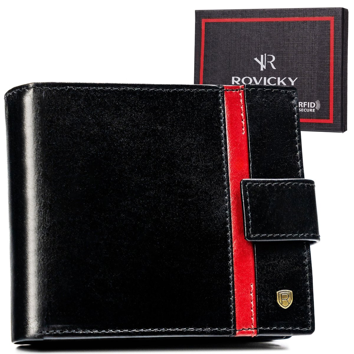 Rovicky Portfel Skórzany Z Rfid Męski Zapinany Pojemny Czarny