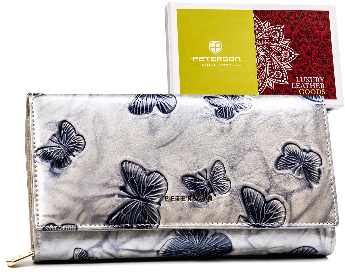Srebrny portfel damski w motyle ze skóry naturalnej Peterson