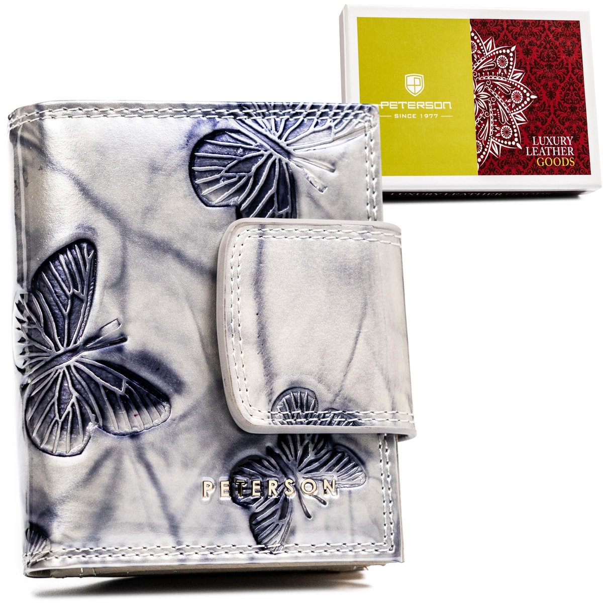 Skórzany portfel damski w motyle Peterson, srebrny