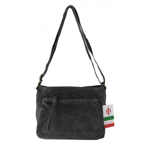 Duża zamszowa listonoszka A5 ,pojemna,dwie komory ,Włoska skórka szara VPA514G