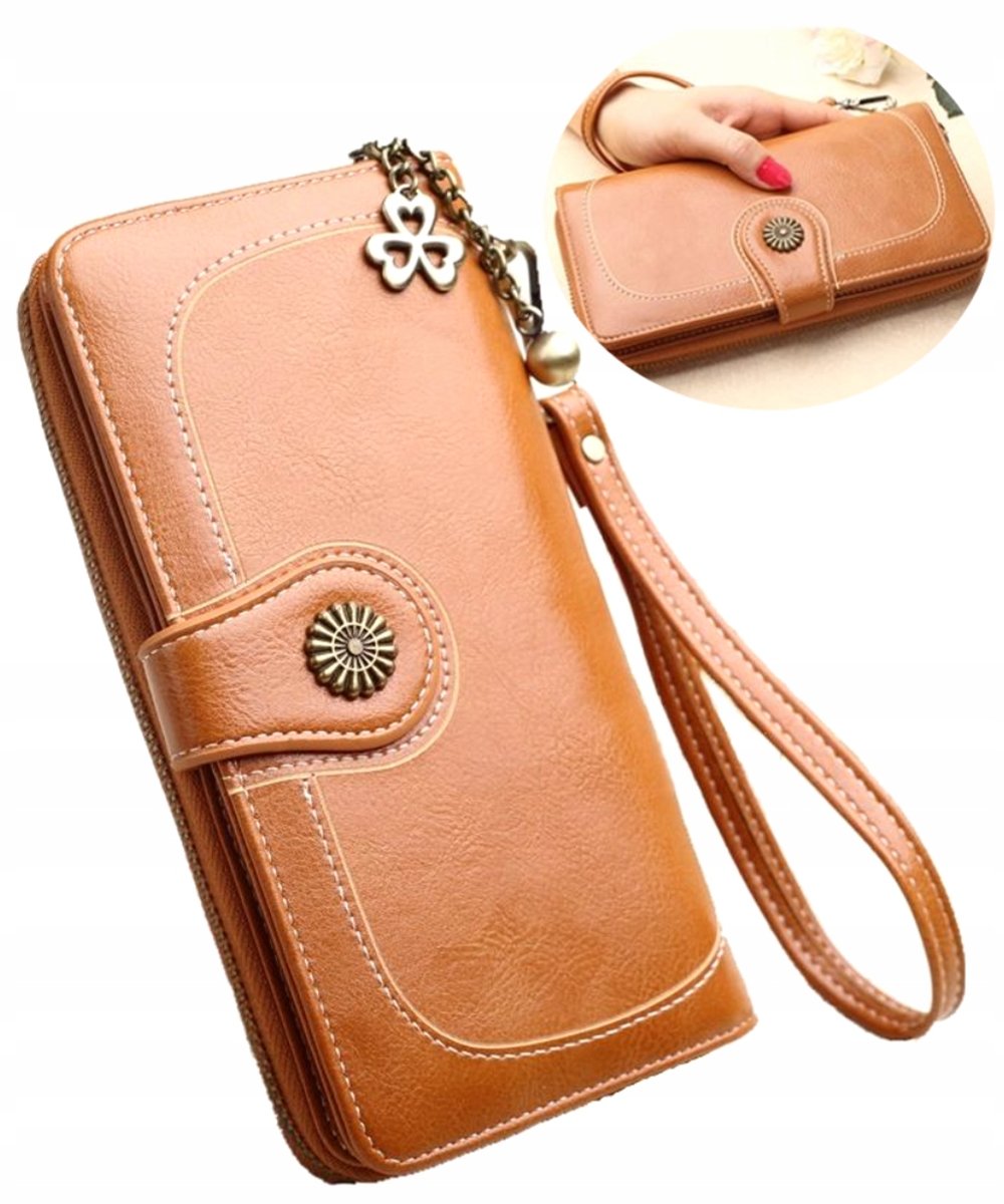 Pojemny Portfel Damski Skórzany Duży Ażurowy Pasek Brelok Boho Ozdobny