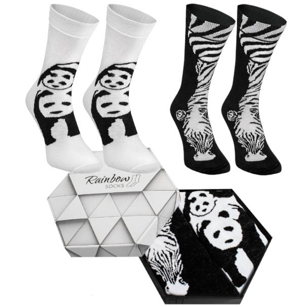 Skarpetki Rainbow Panda Zebra Black-White Na Prezent Bawełniane Damskie Męskie Wysokie Długie Wygodne Panda Zebra Czarny Biały 41-46