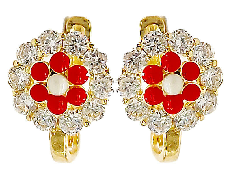 Złote kolczyki 585 emaliowany kwiatek z cyrkoniami