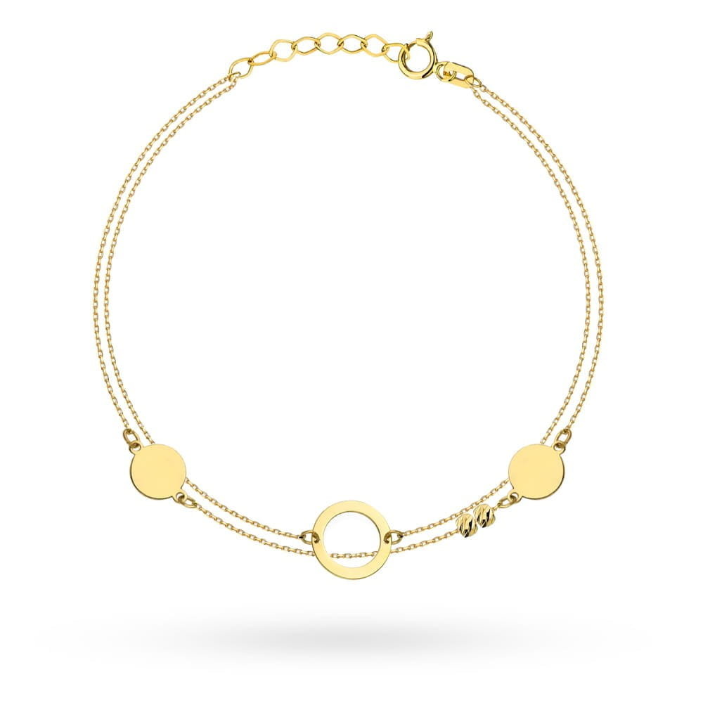 Bransoletka złota z pełnymi kółkami, ringiem i diamentowanymi kulkami na podwójnym łańcuszku pr. 585