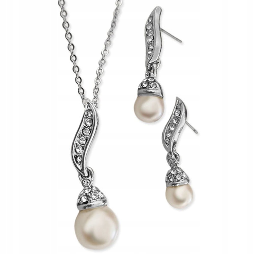 Srebrny zestaw biżuterii elegancki wzór srebrzony z cyrkoniami i perełkami