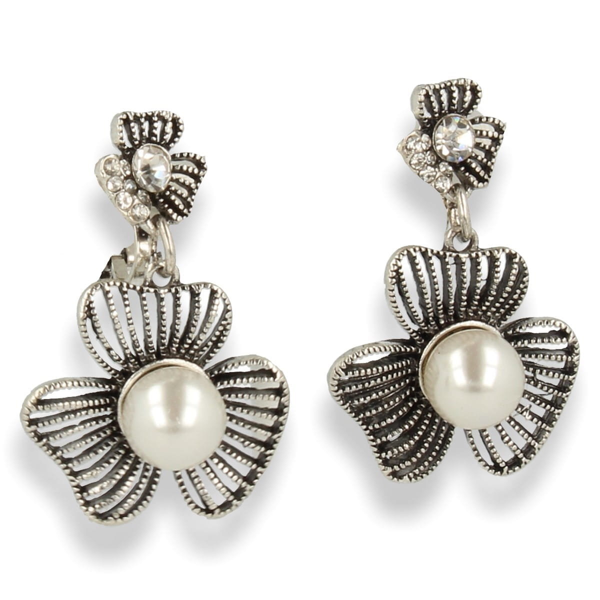 Klipsy do uszu z perełką  kwiatek srebrny