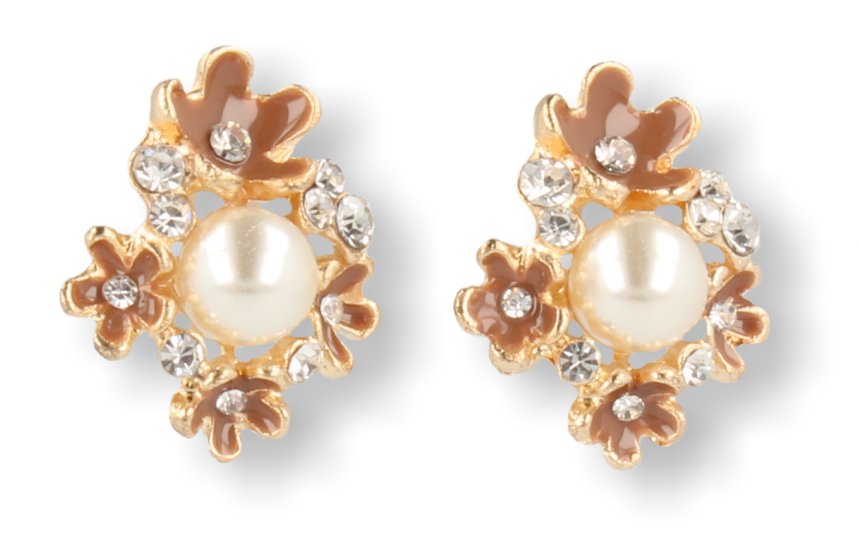 KLIPSY DO USZU ZŁOTE Z PEREŁKĄ I BRĄZOWYMI KWIATKAMI