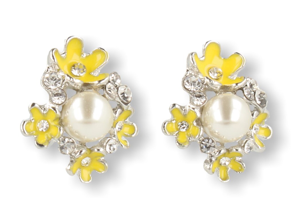 KLIPSY DO USZU SREBRNE Z PEREŁKĄ I  ŻÓŁTYMI KWIATKAMI