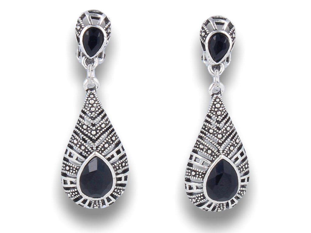 Klipsy do uszu srebrne z czarnymi kryształkami, styl vintage