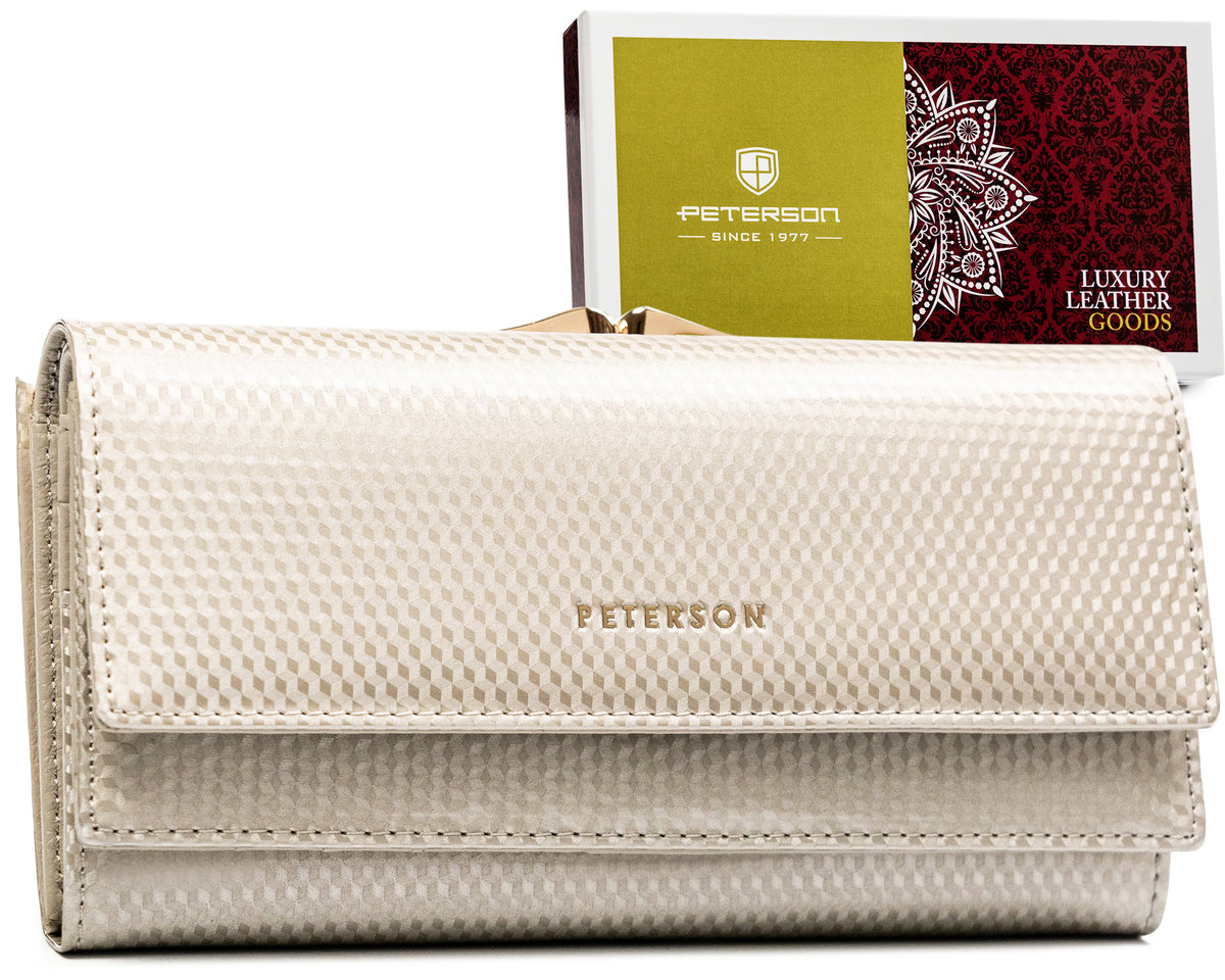 Duży portfel na karty z lakierowanej skóry naturalnej ochrona RFID Peterson, beżowy