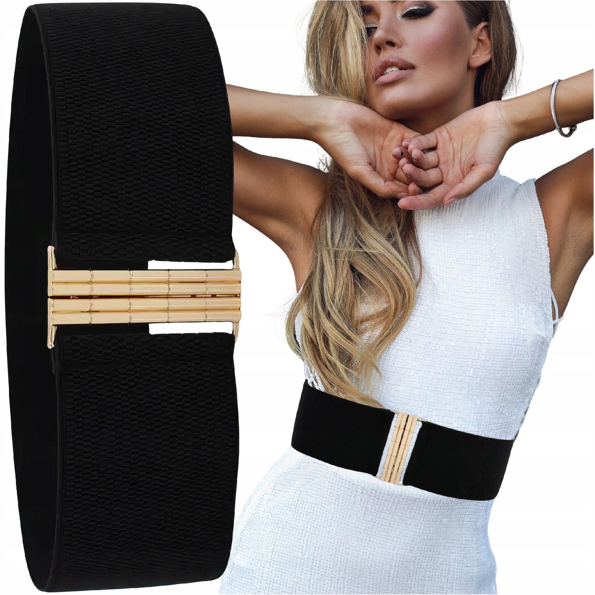 Pasek damski elastyczny czarny złoty szeroki do sukienki guma talia prosty