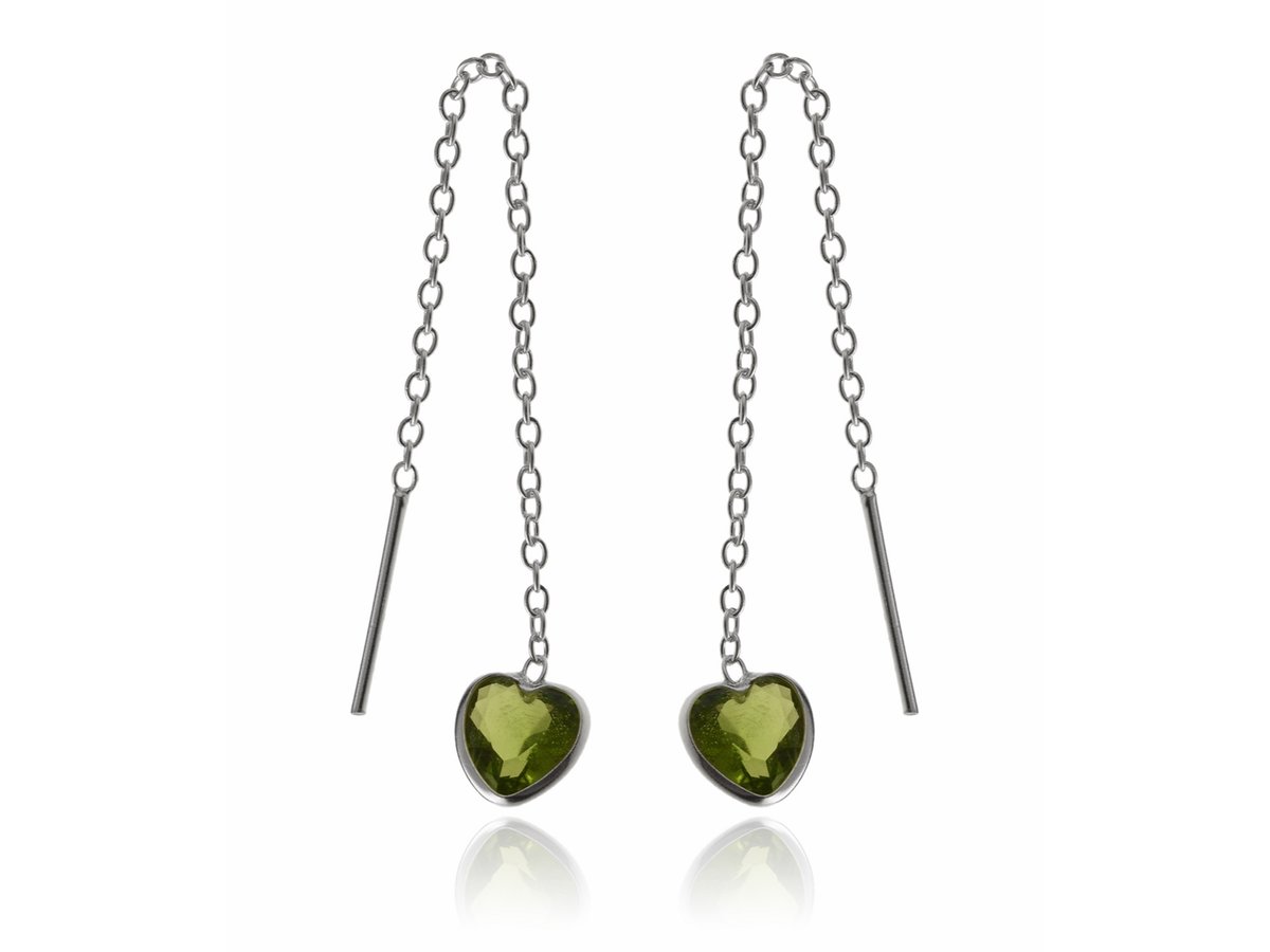 Kolczyki srebrne przewlekane Serca zielone k3614