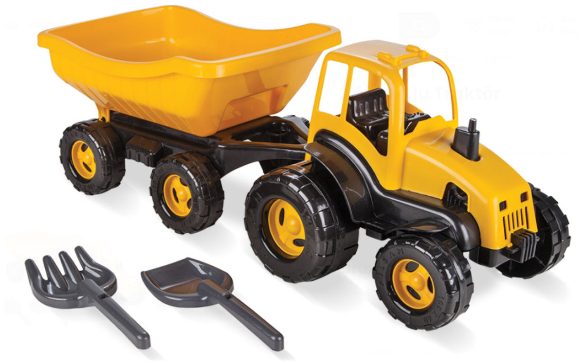 COIL Traktor z przyczepą ciągnik duży 70cm + zestaw łopatki grabki żółty