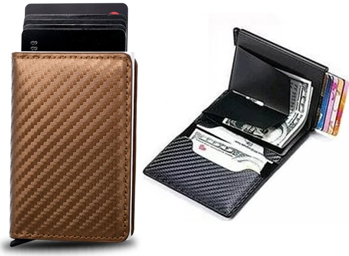 PORTFEL ETUI NA KARTY PRZYCISK DO WYSUWAMIA RFID PREZENT BRĄZ