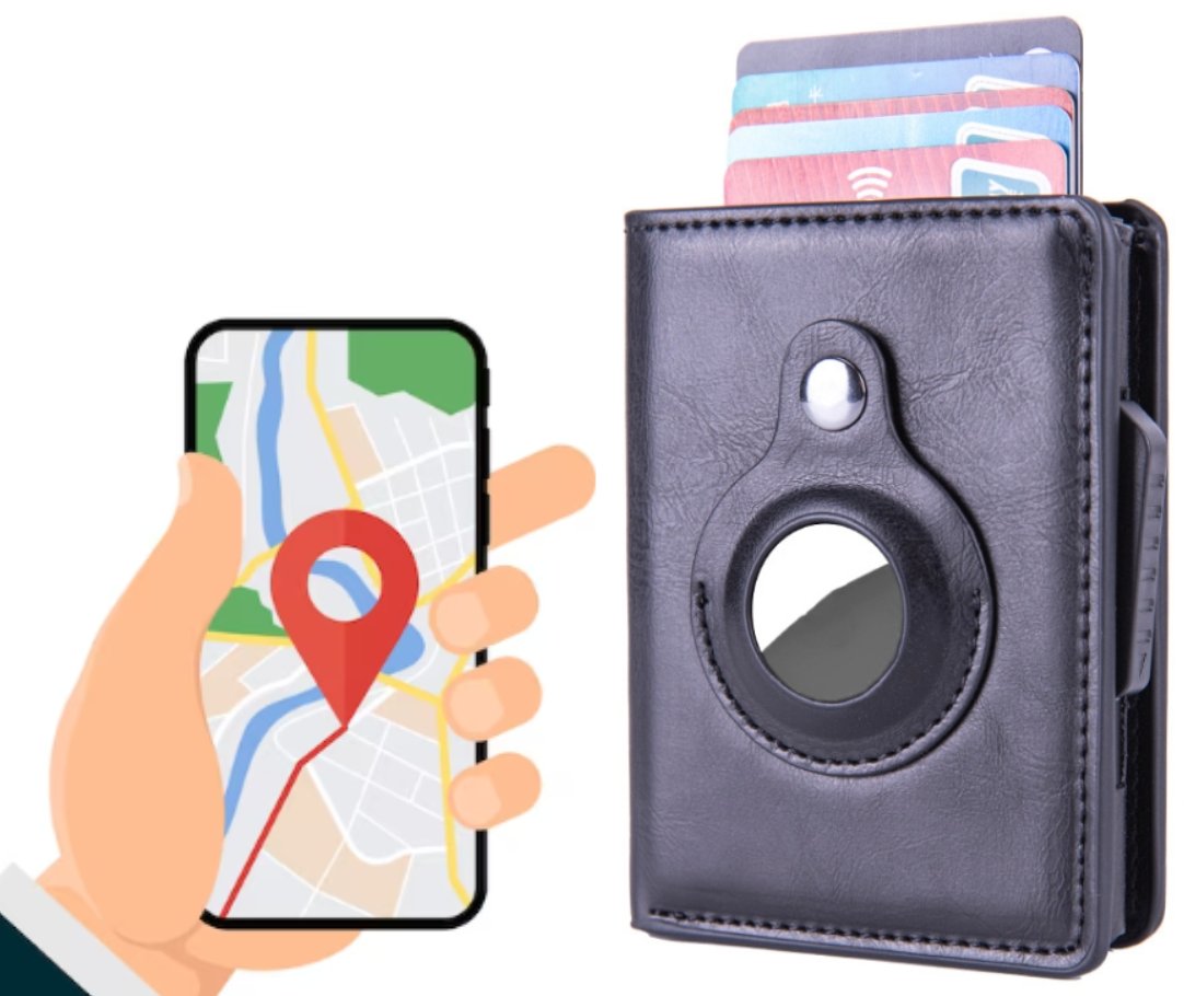 SKÓRZANY PORTFEL Z UCHWYTEM NA AIRTAG GPS BLOKADA RFID PREZENT CZARNY