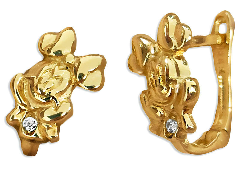 Złote kolczyki 585 dziecięce myszka mini z kokardką zdobioną białą cyrkonią na angielskie zapięcie