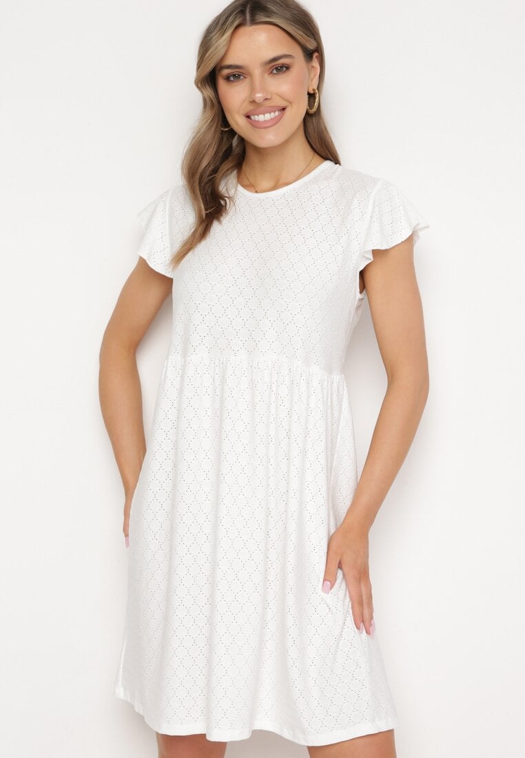 Biała Sukienka Rozkloszowana z Wiązaniem na Plecach o Ażurowym Wykończeniu Floranella