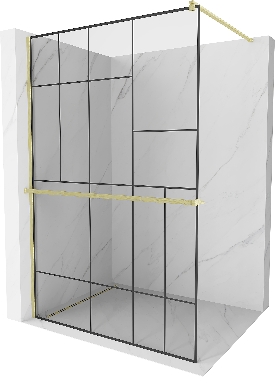 Mexen Kioto+ ścianka prysznicowa z półką Walk-in 90 x 200 cm, czarny wzór, złota szczotkowana - 800-090-121-55-78