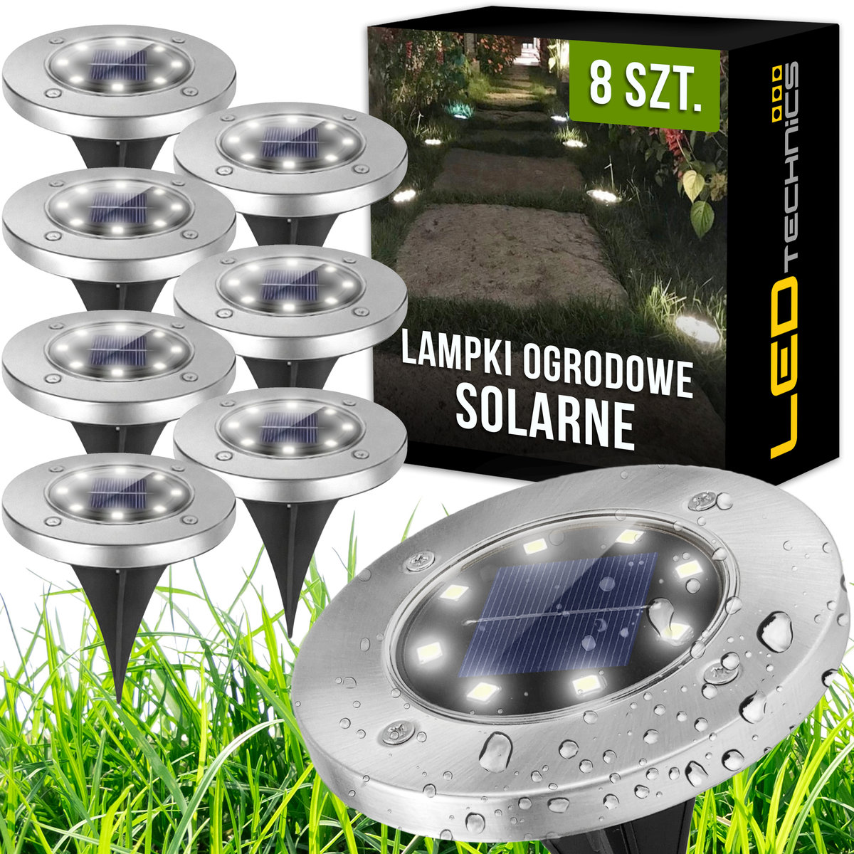 Zestaw 8x Lampki SOLARNE GRUNTOWE DIODY DISK LIGHT