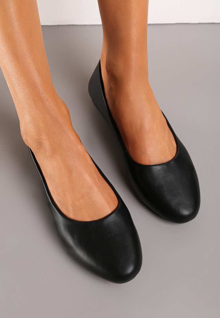 Czarne Płaskie Balerinki z Imitacji Skóry Wsuwane z Okrągłym Noskiem Jemenna
