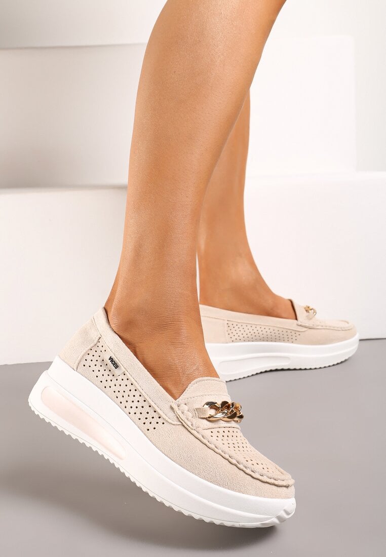 Beżowe Półbuty w Stylu Mokasynów na Platformie z Łańcuszkiem Himenna