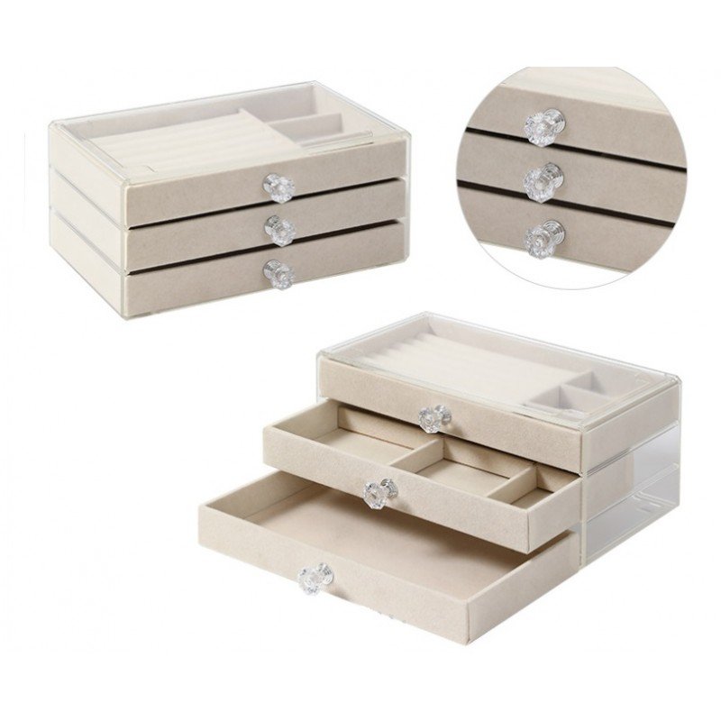 Szkatułka Na Biżuterię, Kuferek Transparentny Welurowy Krem Diamonds 3 Szuflady Pd152K