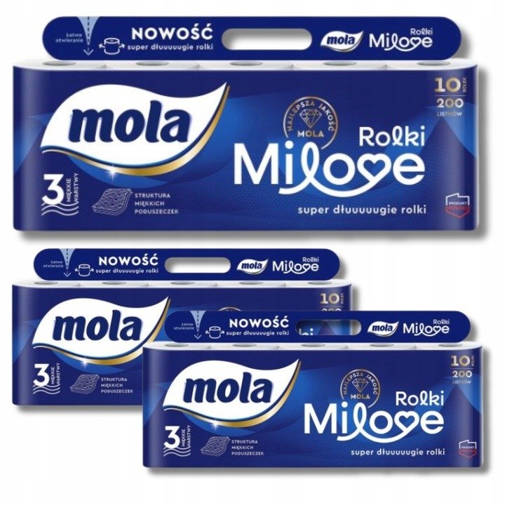 Papier toaletowy 3-warstwowy Mola Milove 10 sztuk (200 listków) x 3 opakowania