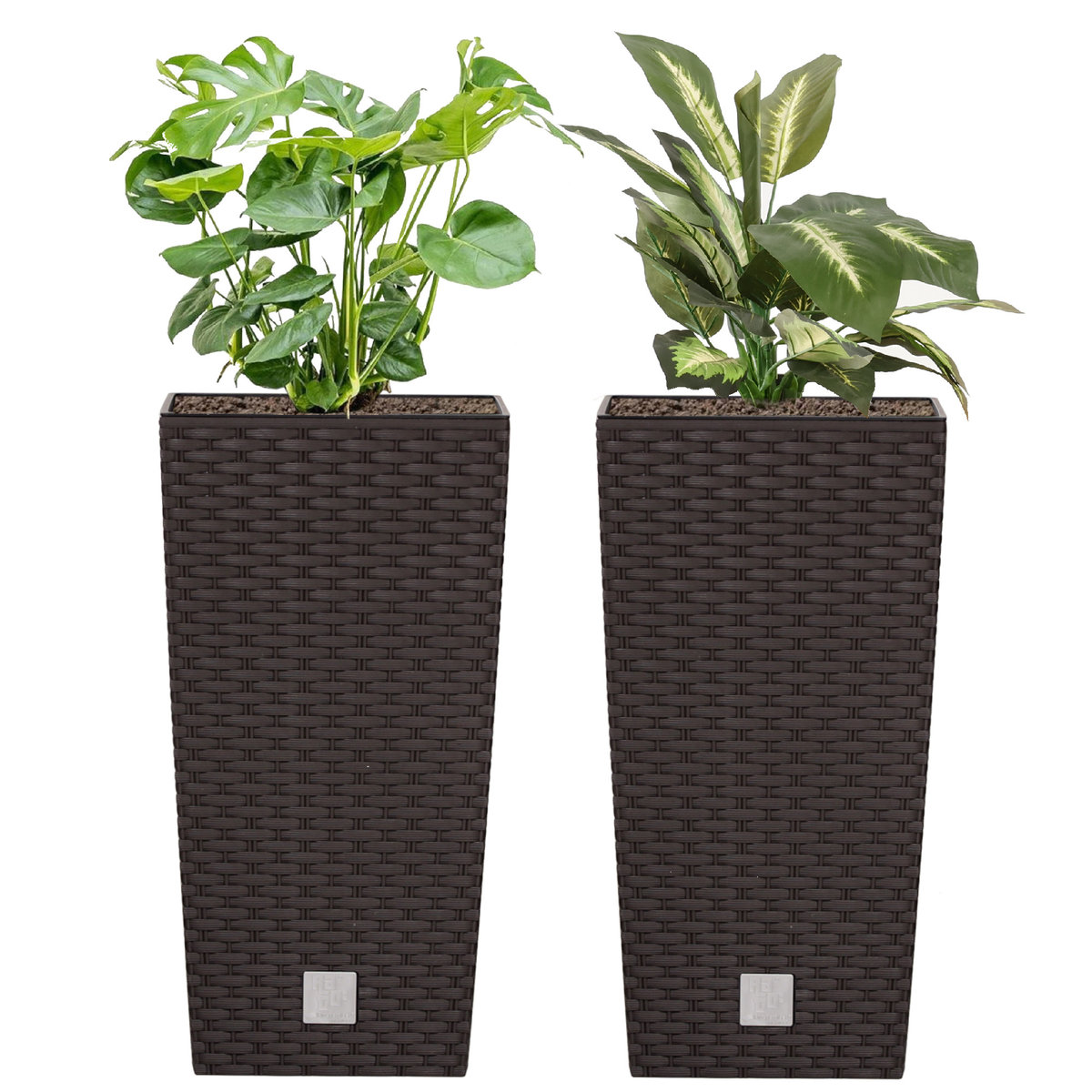 Komplet 2x Doniczka wysoka Rattan 26,5x26,5x50 cm wkład 11 L umbra