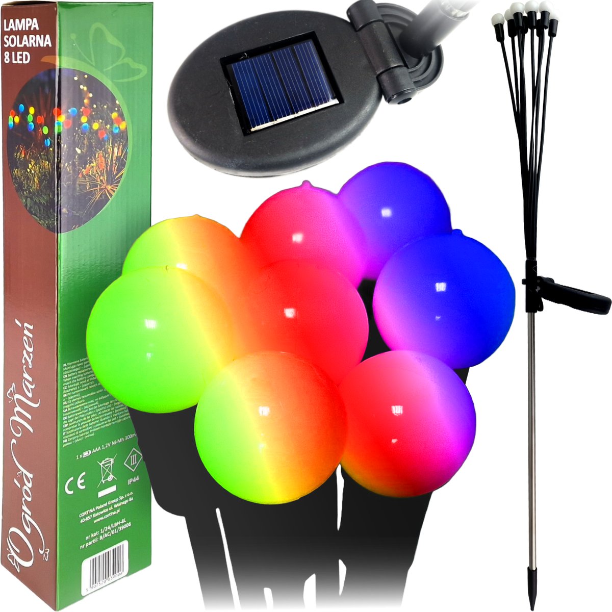 LAMPA SOLARNA KULKI 8 LED WBIJANA LAMPKI 75CM CZUJNIK KULECZKI OZDOBNE