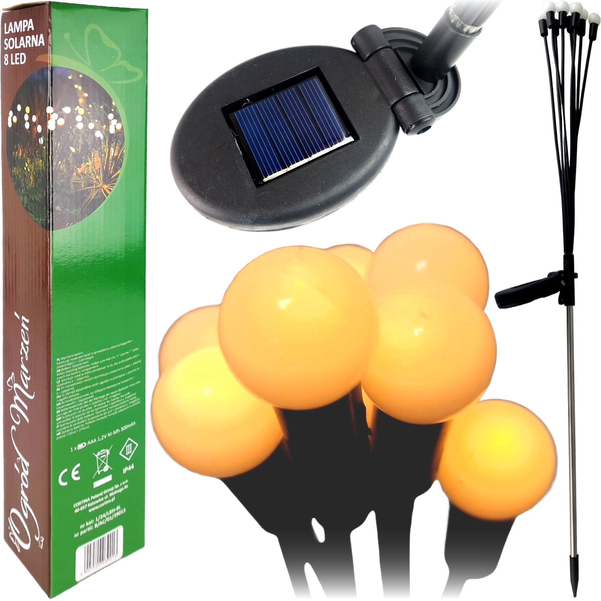 LAMPA SOLARNA KULKI 8 LED WBIJANA LAMPKI 75CM CZUJNIK KULECZKI OZDOBNE