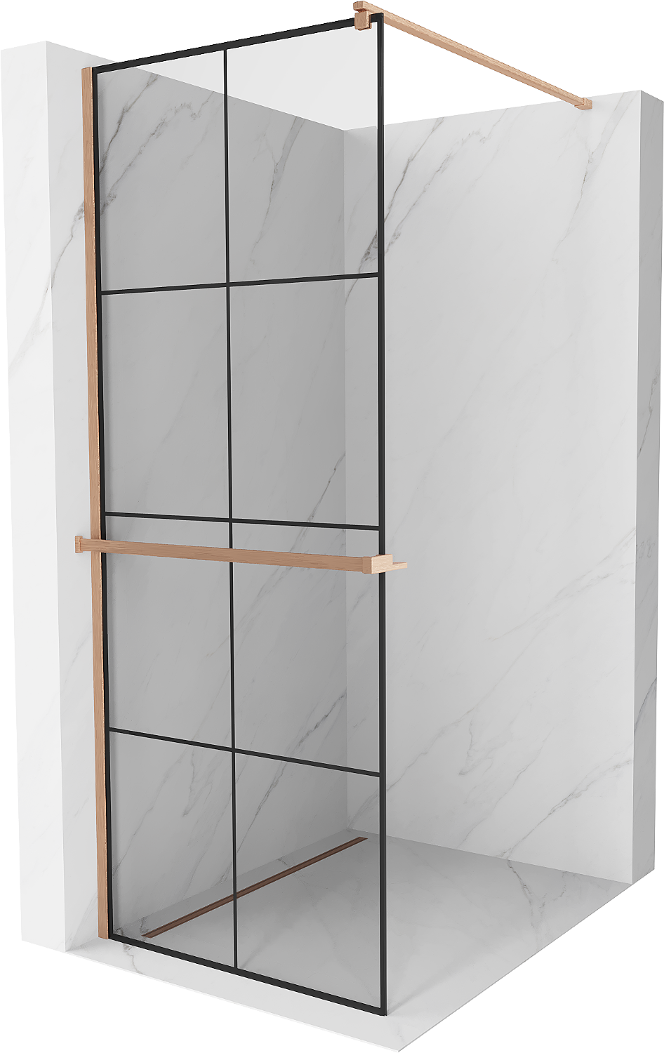 Mexen Kioto+ ścianka prysznicowa z półką Walk-in 70 x 200 cm, czarny wzór, miedź szczotkowana - 800-070-121-65-77