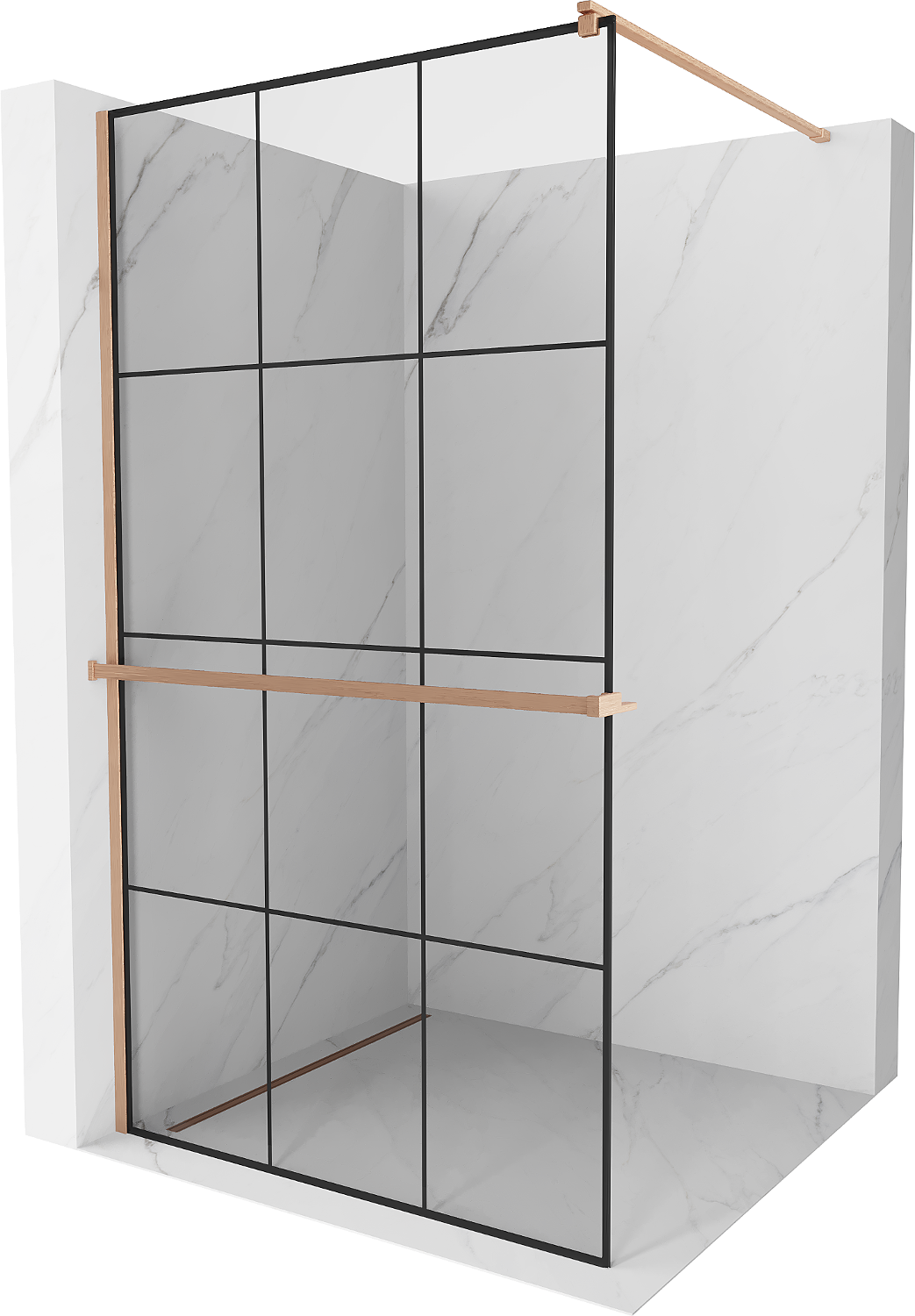 Mexen Kioto+ ścianka prysznicowa z półką Walk-in 120 x 200 cm, czarny wzór, miedź szczotkowana - 800-120-121-65-77