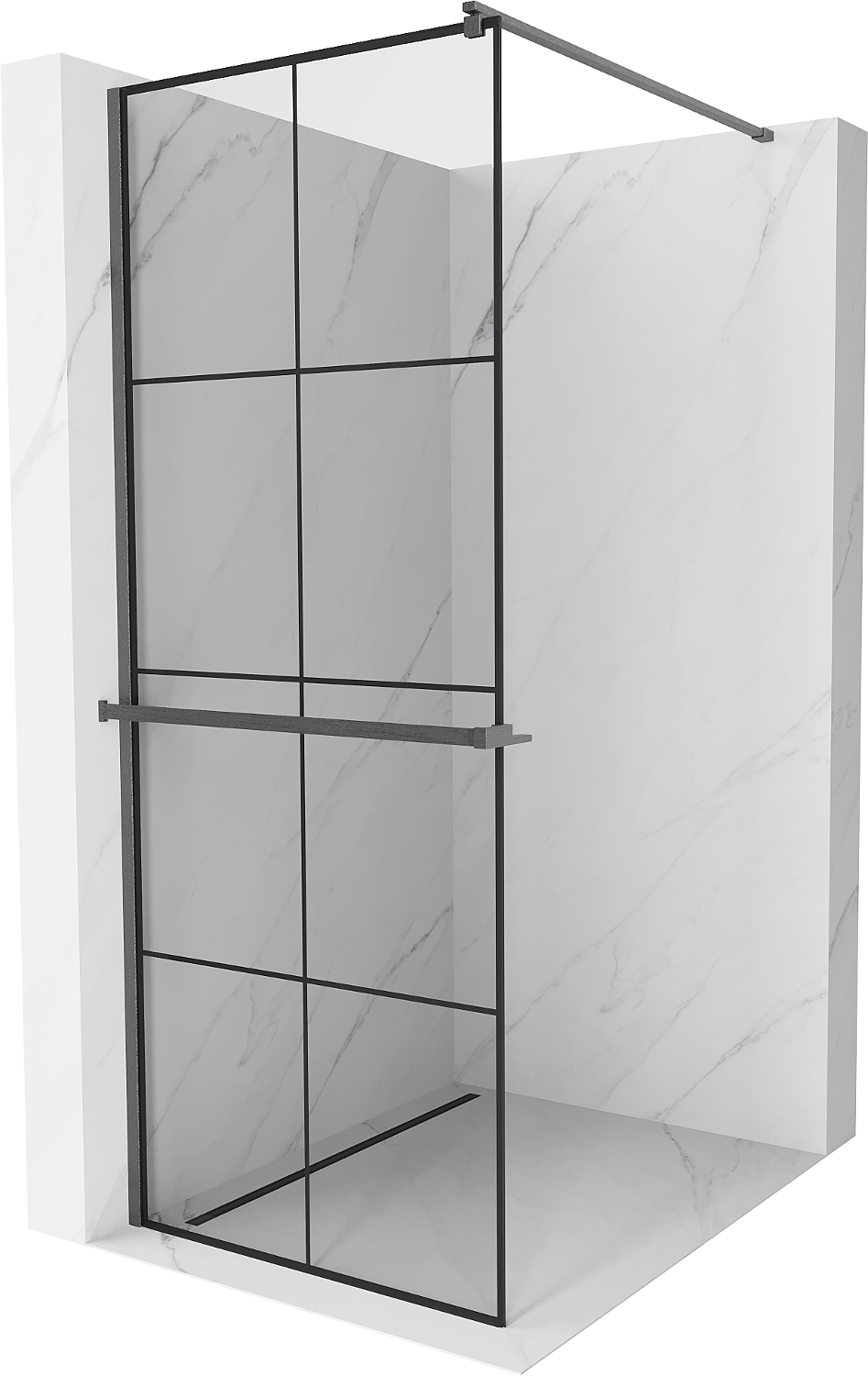 Mexen Kioto+ ścianka prysznicowa z półką Walk-in 90 x 200 cm, czarny wzór, gun gray szczotkowany - 800-090-121-66-77