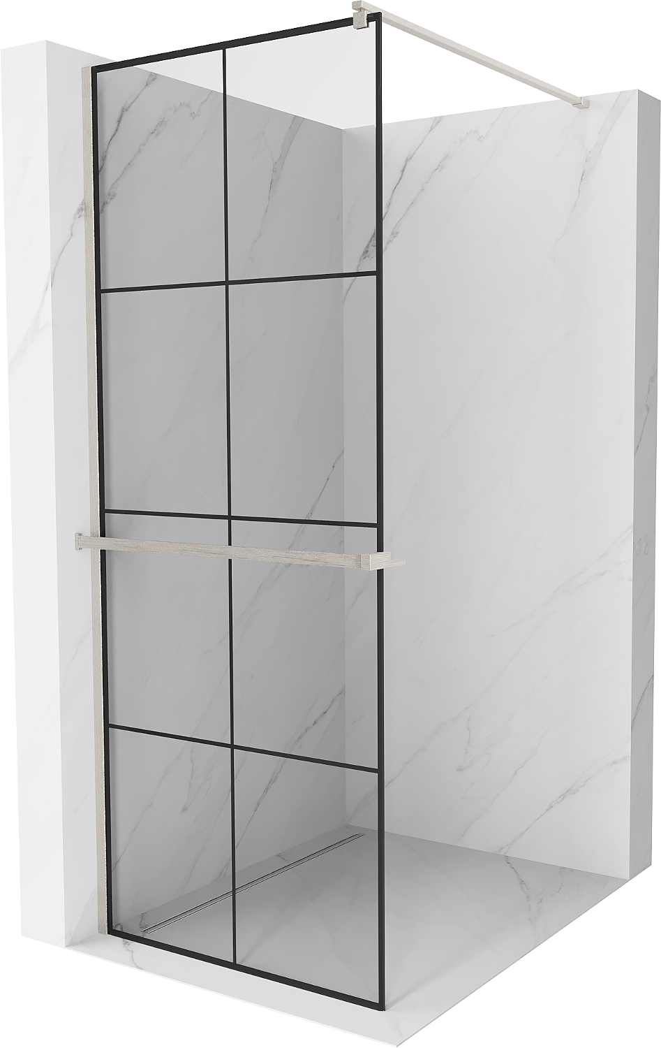 Mexen Kioto+ ścianka prysznicowa z półką Walk-in 70 x 200 cm, czarny wzór, nikiel szczotkowany - 800-070-121-97-77