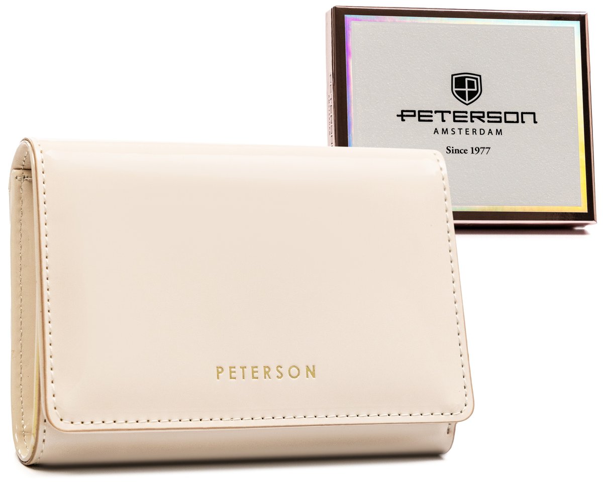 Stylowy, błyszczący portfel damski portmonetka z ochroną kart RFID Peterson, beżowy