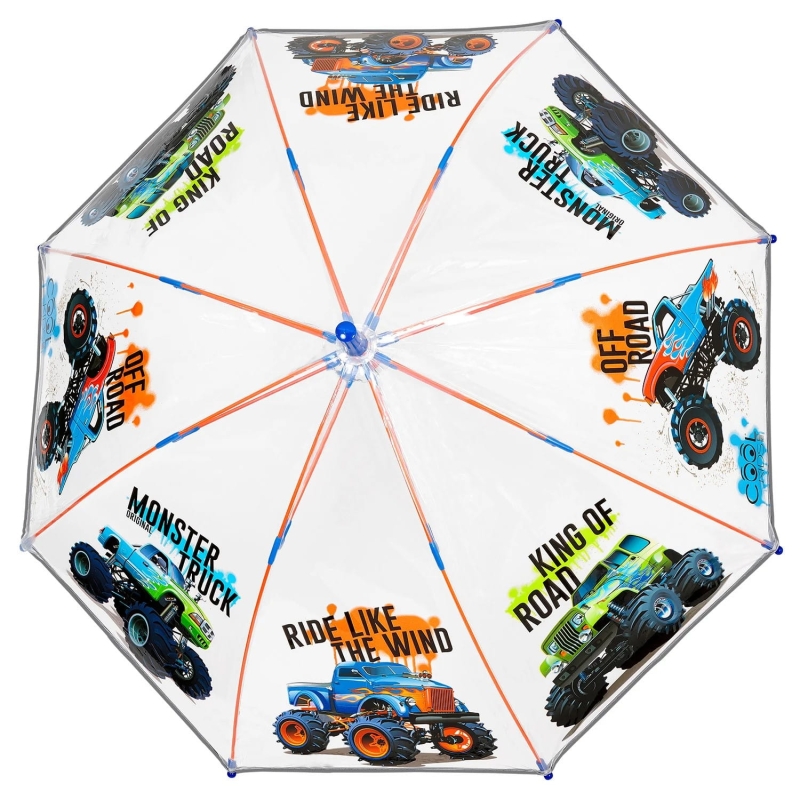 Parasol dziecięcy Perletti Cool Kids manualny długi transparentny dla chłopców wzór monster truck