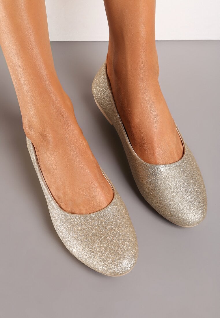 Złote Brokatowe Balerinki na Płaskiej Podeszwie Uarneli